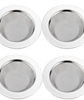 Four Pack Stainless Steel Kitchen Sink Strainers, 4.5 Inch Wide Rim, Rustproof Drain Strainers, arranged in a grid