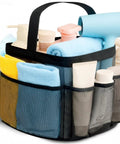 Durable Mesh Shower Caddy With Nine Pockets For Dorm Room Essentials holding toiletries and towels, quick-dry material visible