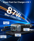87W Retractable Car Charger With 4 In 1 Fast USB C Charging Hub And 45W Type C Cable, multiple ports shown