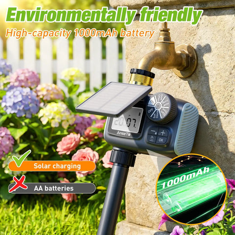 Solar Powered Sprinkler Timer With 1000mAh Type-C Rechargeable Battery attached to garden faucet, surrounded by flowers.
