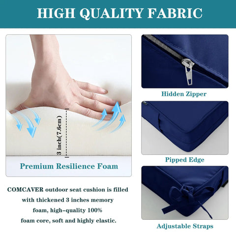 Outdoor Bench Cushions 48 By 18 Inch Thick Waterproof Porch Swing Cushions With Ties Navy For Patio Furniture UV FadeShield Tech 5 Year Colorfast Weatherproof And Durable showing premium resilience foam and hidden zipper.