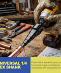 Person using drill with Five In One HVAC Swage Tool Set For Copper Tubing One Quarter To Three Quarters Inch Expander on workbench.