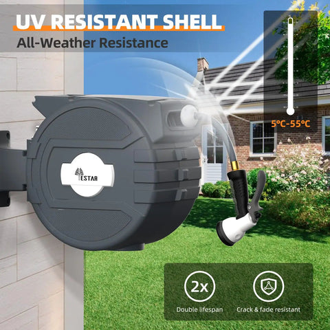 Retractable Garden Hose Reel Half-Inch By 82 Feet With 7 Function Sprayer Nozzle mounted on house wall, UV resistant
