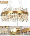 Close-up of gold crystal ceiling light fixture with clear iridescent crystals, semi flush mount round chandelier style.