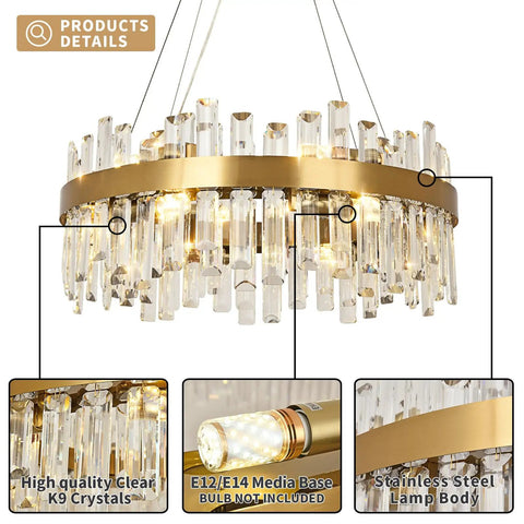Close-up of gold crystal ceiling light fixture with clear iridescent crystals, semi flush mount round chandelier style.