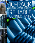 Collage with Slim Cat6 Ethernet Patch Cable 3Ft 10 Pack Blue With Snagless Boots 30AWG in data centers and close-up views.