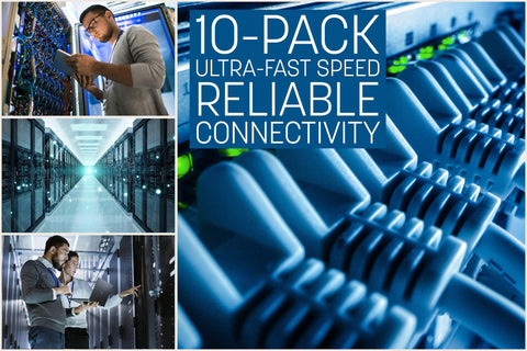 Collage with Slim Cat6 Ethernet Patch Cable 3Ft 10 Pack Blue With Snagless Boots 30AWG in data centers and close-up views.