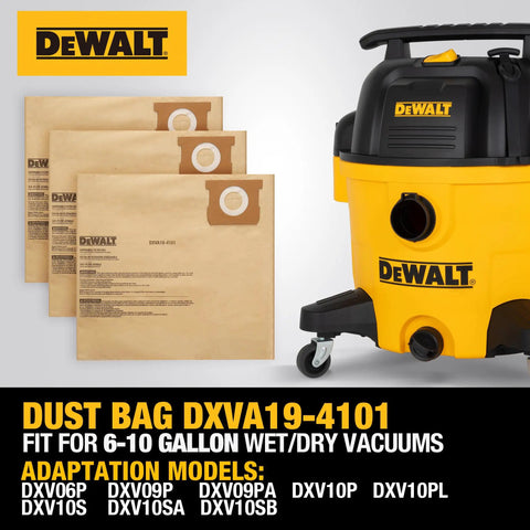 3 Pack Dust Bags for 6-10 Gallon Wet Dry Vacuums with Durable Filtration, Fits DXV06P DXV09P DXV10P shown with vacuum