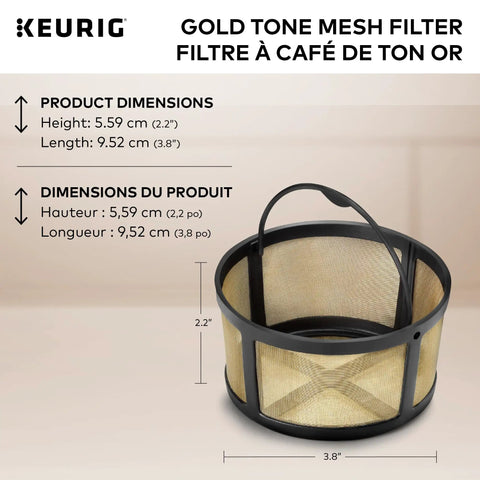 Reusable Gold Tone Mesh Coffee Filter For K Duo Essentials And K Duo Brewers with handle, dimensions shown 5.59 cm height, 9.52 cm length.