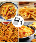 Front view of stainless steel crinkle cutter with built-in peeler, large waffle fry cutter for vegetables and potatoes