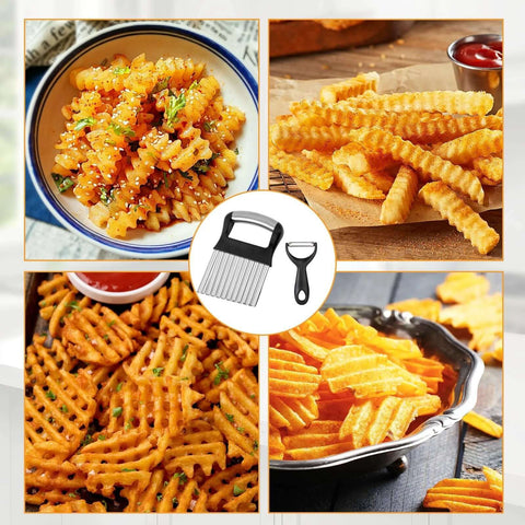 Front view of stainless steel crinkle cutter with built-in peeler, large waffle fry cutter for vegetables and potatoes