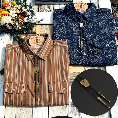 Six Pack Bolo Tie Tips Replacement For DIY Crafting, Zinc Alloy Rope End Caps, 5.5mm Diameter Carved Cord Ends For Leather Neckties, Vintage Western Style, Durable End Caps, 6 Count, shown on bolo cords with shirts