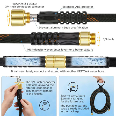 Non Expanding Garden Hose 100 Ft With Kink Free Flex Lightweight Yet Durable Water Hose 10 Pattern Spray Nozzle Leak Proof Design 3/4 Inch Swivel Connectors Heavy Duty Fabric Portable Storage Strap For Easy Carry, 3/4-inch connector and storage strap