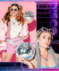 Two women wearing Disco Party Costume Accessories Set For Women A 5 Piece Vintage 60s 70s Look Including Necklace, Disco Ball Earrings, Headband, Ring, Glasses And Sunglasses For Retro Night Out And Club Vibe, holding disco balls.