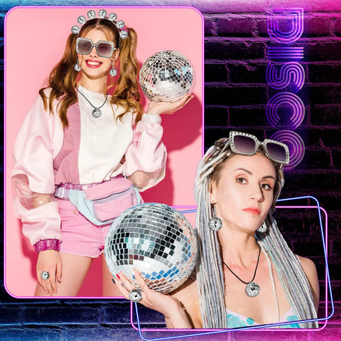 Two women wearing Disco Party Costume Accessories Set For Women A 5 Piece Vintage 60s 70s Look Including Necklace, Disco Ball Earrings, Headband, Ring, Glasses And Sunglasses For Retro Night Out And Club Vibe, holding disco balls.