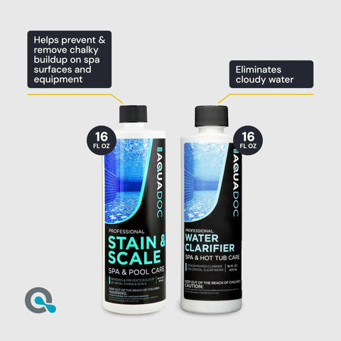 16 fl oz bottles of AquaDoc Stain & Scale and Water Clarifier for spa care