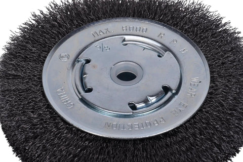 Six Inch Wide Face Bench Grinder Wire Wheel with steel bristles, designed for rust removal and heavy-duty cleaning.