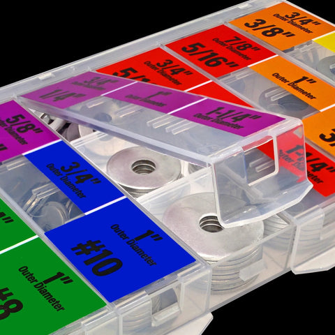 Front view of clear plastic washer organizer containing stainless steel fender washers in assorted SAE sizes