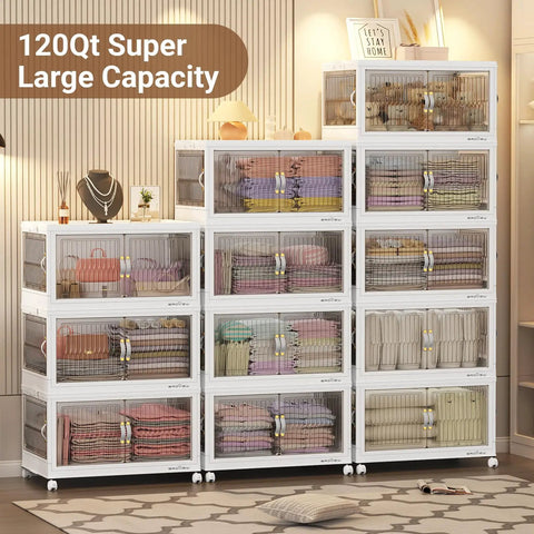 Massive Capacity Stackable Storage Bins With Secure Lids And Quick Slide Side Doors, Absolute Game Changer For Closets And Garages, Foldable Totes That Crush The Daily Haul, Solid Four Pack In White