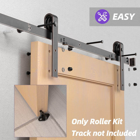 Oil Rubbed Bronze Sliding Barn Door Hardware Kit With J-Shape Rollers For Interior Doors Brushed Antique Bronze Finish Classic Industrial Style Easy Install Durable Metal Track System For Hidden Room Dividers No-Brainer Setup on wooden door, track not included.