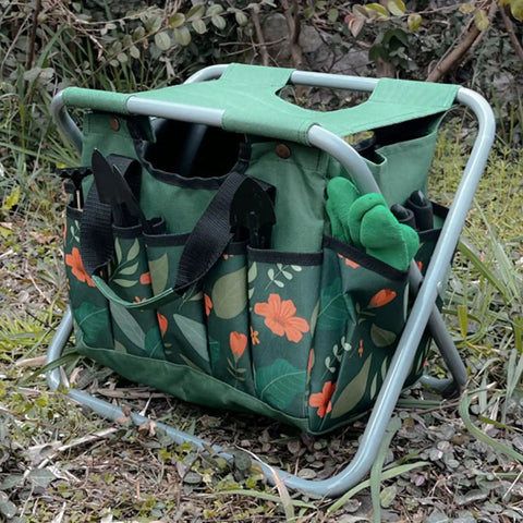 Foldable Gardening Stool With Detachable Storage Tote For Gardening Camping And Fishing Tools Organizer Portable Garden Chair For Adults With Sturdy Steel Frame And Easy Grab And Go Carry Design in garden setting