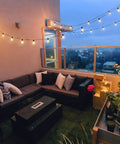 LED Outdoor String Lights For Patio 50ft With 26 Shatterproof G40 Globe Bulbs Waterproof Café Lights above cozy balcony seating area
