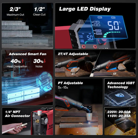 Dual Voltage Plasma Cutter 50 Amp With Large LED Display 110 220V IGBT Inverter features and specifications overview image
