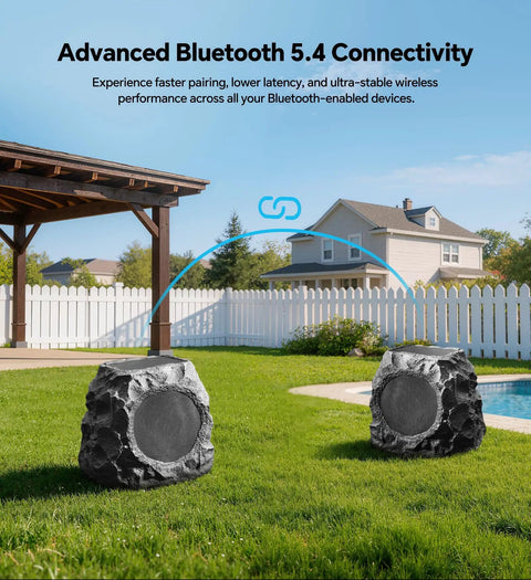 Outdoor Rock Speaker With 60W Deep Bass And Remote Control IPX7 Waterproof Solar Powered Bluetooth Speaker beside pool