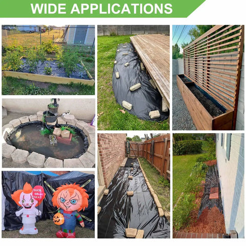 Heavy Duty Black Plastic Sheeting 4 Mil Weed Barrier used in gardens, landscaping, protecting plants, blocking weeds, preventing soil erosion
