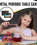 Girl in classroom with experiment setup, inset of Pocket Metal Periodic Table Card For Chemistry Nerds, Wallet Size Reference