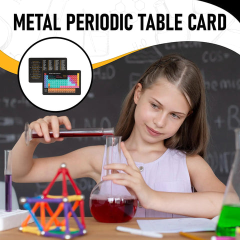 Girl in classroom with experiment setup, inset of Pocket Metal Periodic Table Card For Chemistry Nerds, Wallet Size Reference