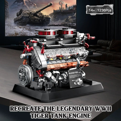 Badass Tiger Tank Engine Building Blocks Set 1236 Pieces Heavy Duty Military Mechanical Gear Model Kit Realistic Piston Movement STEM Gift For Gear Heads And Tinkerers showcasing detailed engine components on a sleek display.