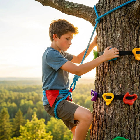 Boy climbing tree with colorful handholds and a rope in a natural outdoor setting, not related to 'Tug Of War Rope For Kids And Adults Outdoor Party Game For Family Reunions Field Days Picnics Backyard Carnivals Camping And Team Building With Durable Soft Grip Rope'