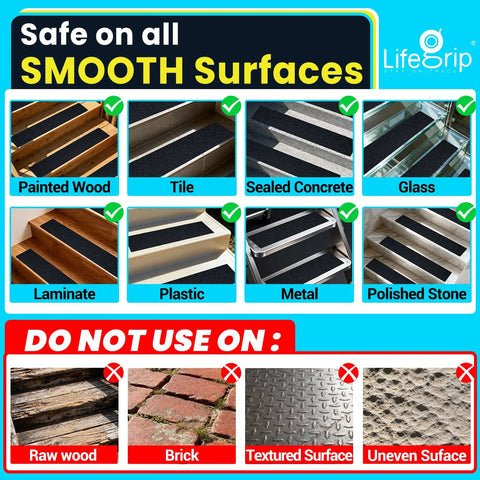 Lifegrip anti-slip traction tape, 4 in x 38 ft; shown on smooth surfaces (wood, tile, concrete, glass).