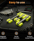 Magnetic Socket Extension Organizer with modular holders for quarter, three eighths, and half inch drives on garage workbench.