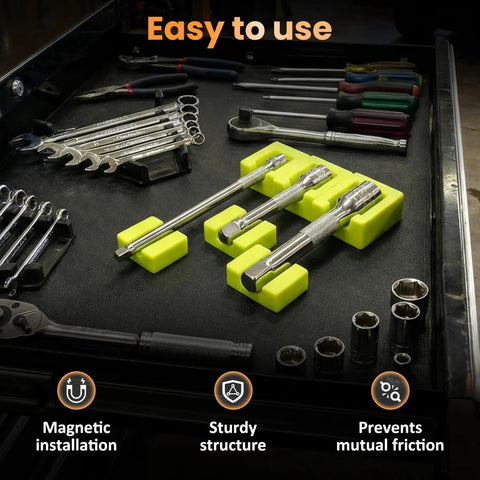 Magnetic Socket Extension Organizer with modular holders for quarter, three eighths, and half inch drives on garage workbench.