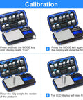 Calibration guide for pocket size digital scale with 0.01g precision, 200g capacity, six units, featuring calibration steps