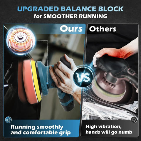 Comparison of cordless car buffer polisher 6 inch portable waxer kit showing smoother operation vs competitor with vibrations.