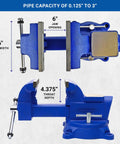 Beefy 6 Inch Combination Vise For Pipe And Bench Work With Swivel Base Cast Iron Frame And Steel U Channel Replaceable Serrated Jaws Big Anvil Surface Built Tough And Ready, showing 6-inch jaw width and 4.375-inch throat depth