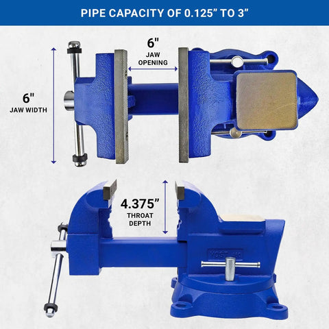 Beefy 6 Inch Combination Vise For Pipe And Bench Work With Swivel Base Cast Iron Frame And Steel U Channel Replaceable Serrated Jaws Big Anvil Surface Built Tough And Ready, showing 6-inch jaw width and 4.375-inch throat depth