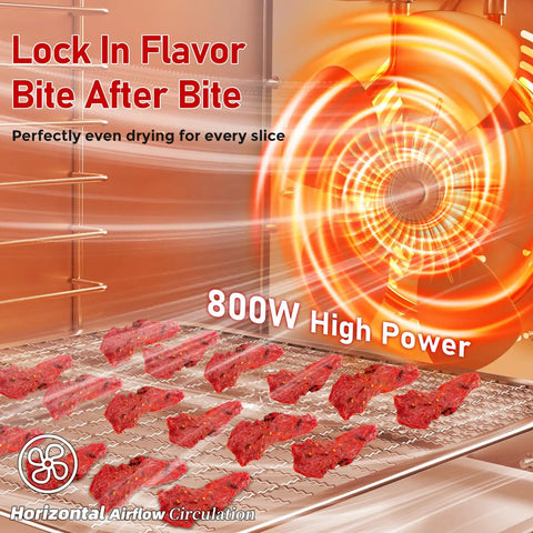Digital Food Dehydrator With Ten Broad Trays To Whip Up Juicy Jerky Crispy Fruit Chips Dried Herbs And Quality Dog Chews running with 800W high power.