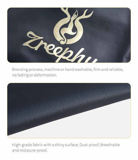 Close-up of Zreephy logo on piano keyboard dust cover, showing dark fabric texture with bronzing, dust-proof, breathable.
