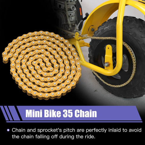 CILOYU 35 Mini Bike Chain; gold color, coiled spare chain with installed section on a yellow minibike frame near the rear wheel