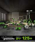 Greenworks 24V tool system with 24V Dual Port Battery Charger With Smart Led Indicator, cordless tools displayed in a workshop.