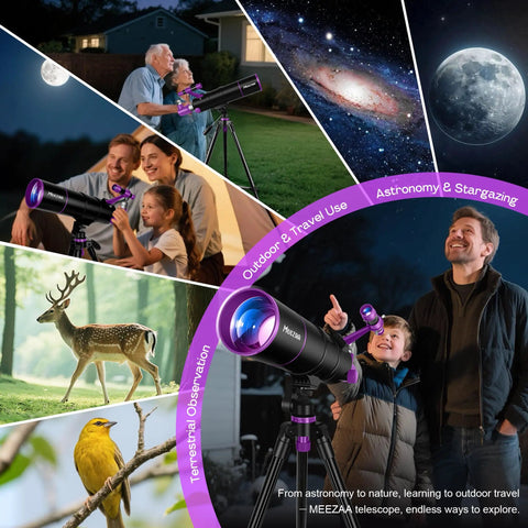 Family using Pro Grade 90mm Aperture Refractor Telescope With 550mm Focal Length Portable Tripod for stargazing at night