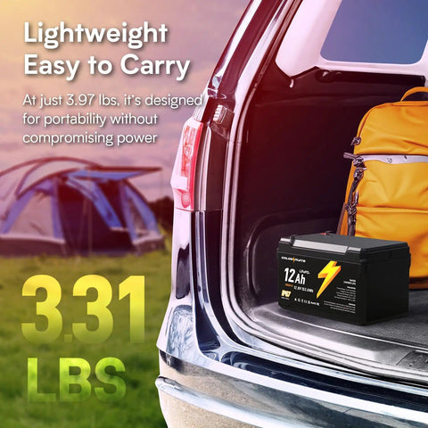 12V 12Ah LiFePO4 Battery with Built In BMS IP67 Waterproof displayed in an open car trunk next to camping gear