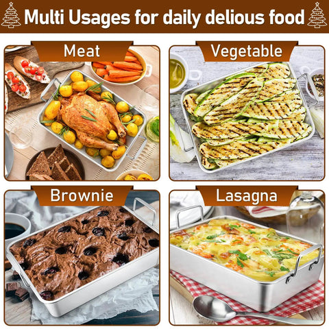 Heavy Duty Stainless Steel Roasting Pan With V Rack For Turkey And Chicken, Toaster Oven Safe Bakeware, Multi Usage