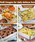 Heavy Duty Stainless Steel Roasting Pan Set With Rack For Turkey And Chicken, showcasing meat, vegetables, brownie, lasagna