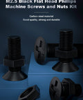 M2.5 Flat Head Machine Screws Set In Black Phillips, carbon steel bolts nuts kit on blue display, various angles shown