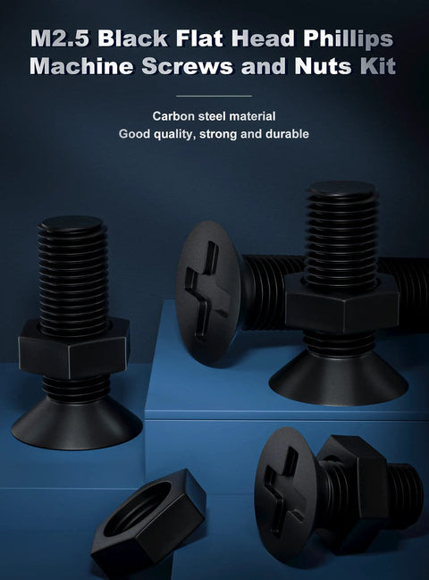 M2.5 Flat Head Machine Screws Set In Black Phillips, carbon steel bolts nuts kit on blue display, various angles shown
